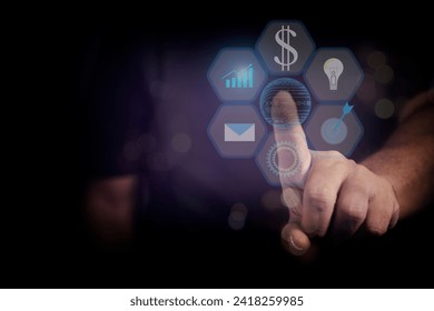 Developer touches virtual screen of charts and projections, Business analytics Big data analysis technology future concept on VR screen on blur background.