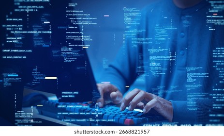 A developer types on a computer with glowing code and binary symbols overlay, symbolizing programming, software development, cybersecurity, and digital technology.