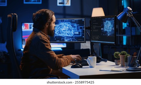 Developer updating artificial intelligence neural networks, typing on computer keyboard and drinking coffee. Freelancing IT expert writing AI code, training machine learning, listening music