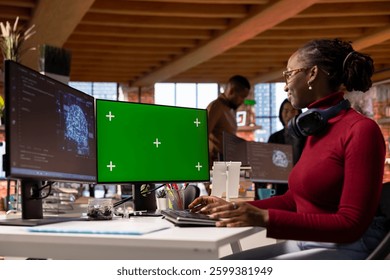 Developer uses isolated screen PC in AI tech agency providing software development services. Startup IT specialist uses artificial intelligence to streamline coding process on chroma key computer