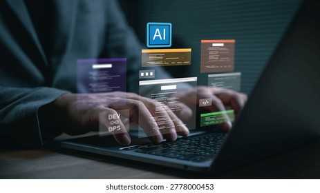Developer using AI coding interface on laptop, representing artificial intelligence programming, software development, automation, machine learning, DevOps, and digital innovation technology.