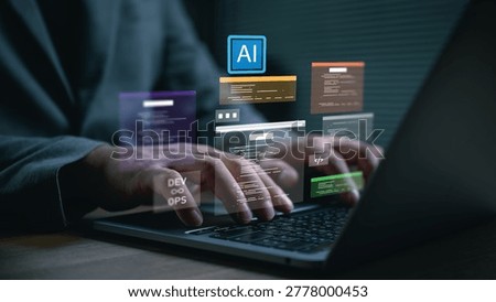 Developer using AI coding interface on laptop, representing artificial intelligence programming, software development, automation, machine learning, DevOps, and digital innovation technology.