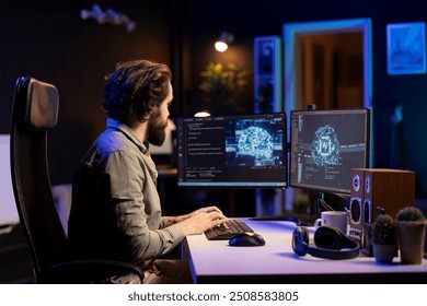 Developer using computer to update artificial intelligence machine learning algorithm, writing binary code scripts. IT expert programming on desktop PC to upgrade AI brain