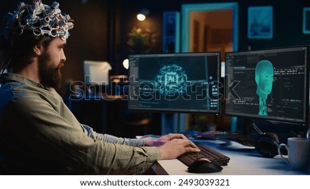 Developer using EEG headset device to upload his brain into computer, attaining immortality. Neuroscientist runs experiment, transfers consciousness into cyberspace, transhumanism concept, camera B