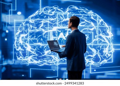 Developer using laptop to implement artificial intelligence parallel processing, breaking up complex computational tasks enabling AI systems to process more input data faster in modern lab - Powered by Shutterstock - Get 15% off with code: PIKWIZARD15