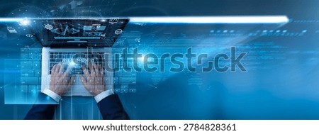 Developer using laptop with web development coding on keyboard and analysis website design, programming structure, responsive interface, and performance optimization for modern digital platforms.