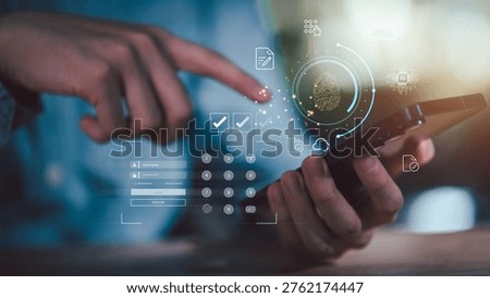 Developer using mobile technology, security, authentication, login, verification, biometric, data, privacy, system, access through digital interface with fingerprint , AI secure user protection.