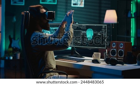 Developer using VR headset to chat with sentient artificial intelligence with own autonomy. Programmer at home talking with conscious AI superintelligence using virtual reality tech, camera A