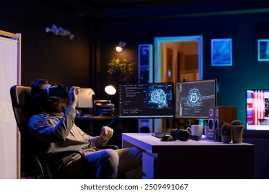 Developer using VR headset technology to update artificial intelligence machine learning algorithm, writing binary code scripts. IT expert programming using virtual reality tech to upgrade AI brain