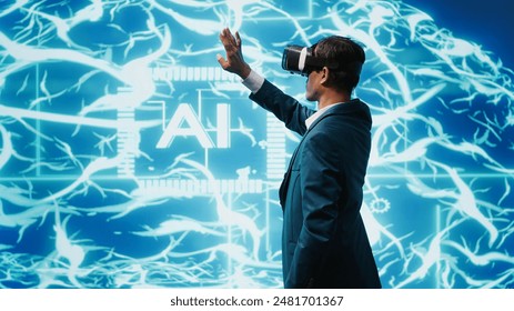 Developer wearing VR smart goggles working with artificial intelligence neural networks. IT expert using virtual reality tech and AI systems in futuristic workspace, camera A