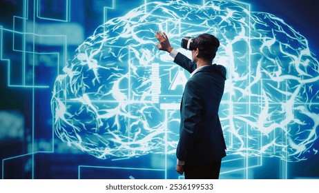 Developer wearing VR smart goggles working with artificial intelligence neural networks. IT expert using virtual reality tech and AI systems in futuristic workspace, camera B
