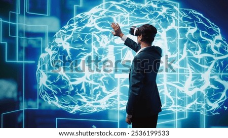 Developer wearing VR smart goggles working with artificial intelligence neural networks. IT expert using virtual reality tech and AI systems in futuristic workspace, camera B