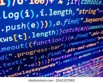 Developer work. Abstract dark blue background with binary code, programming concept. Backend programming, software development concept. Closeup of package. Code of the protein sequence.