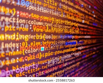 Developer working on program codes in office. Abstract background of digital binary code of software. Stock market ticker on monitor screen. Server failure and computer hacker attack.