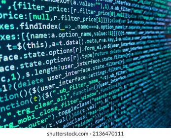 Developer working on websites codes in office. Closeup of Web Code on Computer LED Screen. Web abstract programming and created virus on laptop screen