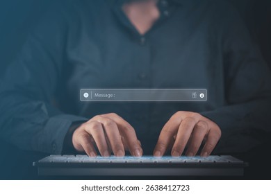 A developer's hands are captured in a close up, typing commands on an illuminated keyboard to program a sophisticated AI chatbot, innovating the future of automated online customer service