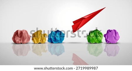 Developing Business Potential and Individual creativity concept and creative innovator or new thinking as a symbol of innovation and inspiration metaphor as a group of crumpled papers with one different paper transforming into an airplane.
