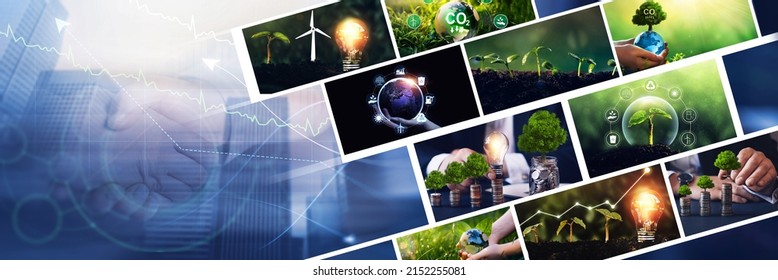 Developing and growing ecological and sustainable businesses. Sustainable development on renewable energy. Collage of images that promote green energy. Renewable energy-based green businesses