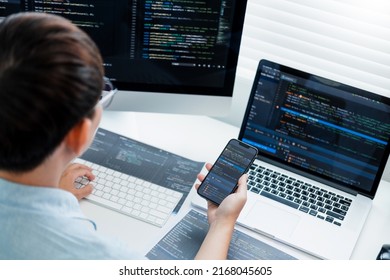 Developing programmer Development Website design and coding technologies working in software company office