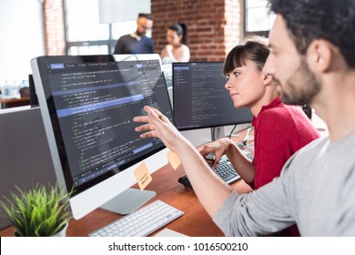 Developing Programming And Coding Technologies. Website Design. Programmer Working In A Software Develop Company Office.