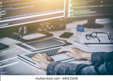 Developing programming and coding technologies. Website design. Cyber space concept.