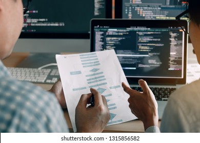 Developing programming and coding technologies working in a software engineers developing applications together in office.
