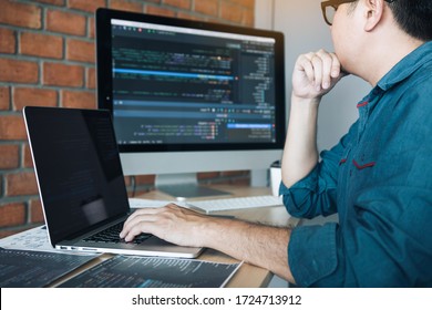 Developing programming and coding technology working in a software develop company office.