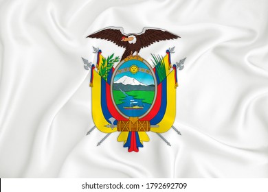A developing white flag with the coat of arms of Ecuador. Country symbol. Illustration. Original and simple coat of arms in official colors and the right proportion