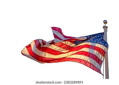 Developing in the wind USA flag in the wind. Isolate on white