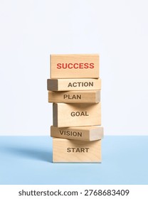Development business growth processes are staged of wooden blocks with words start, vision, goal, plan, action and success. Business progress, strategic development of a company, startup.