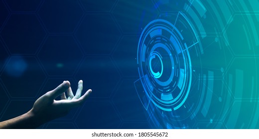 Development Concept. Side view of hand reaching out to virtual circles panel, banner, panorama, blue background - Powered by Shutterstock - Get 15% off with code: PIKWIZARD15