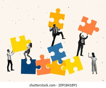 Development. Contemporary art collage. Group of people making puzzles, team work. Brainstorm. Concept of partnership, team, career, motivation, achievement, professional growth. Copy space for ad - Powered by Shutterstock