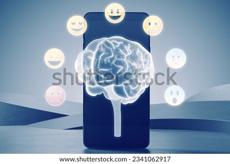 Development of emotional intelligence concept. Polygonal human brain and various human emotions: fear, surprise, joy, sadness, anger. Close up of cellphone with hologram on blurry background