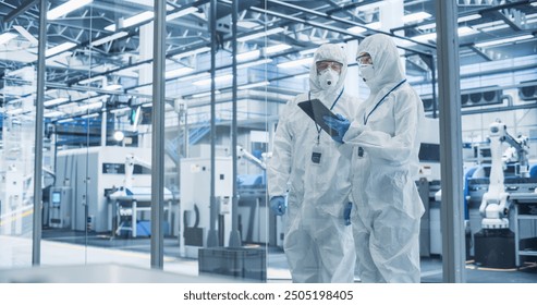 Development Factory Cleanroom: Engineers Wearing Coveralls and Goggles while Talking and Using Tablet. Scientists Working in Advanced Electronics Manufacture with Precision Machinery - Powered by Shutterstock