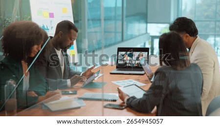 Development, laptop screen and video call with business people in office boardroom for webinar. Coaching, computer and virtual meeting with employee team in workplace for online seminar or workshop