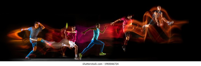 Development of motions of different kinds of sport games. Young men in action isolated over dark background in neon mixed colored light. Flyer. Concept of sport, competition, championship. Copy space - Powered by Shutterstock