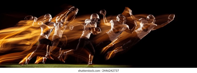 Development of movements. American football player in motion catching ball on black background in neon with mixed lights. Concept of sport, competition, tournament, action, dynamics. Banner - Powered by Shutterstock