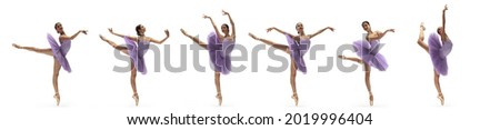 Development of movements of one beautiful ballerina dancing isolated on white background. Female dancers in ballet dress, tutu. Concept of art, beauty, aspiration, creativity. Copy space for ad