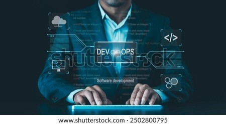 Development Operations programming technology concept, software engineer, DevOps software development, IT operations, project manager working in agile methodology, dev ops icon and javascript