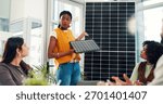 Development, proposal and solar panel with business woman in office for renewable energy initiative. Pitch, presentation and prototype with employee in workplace for photovoltaic power production