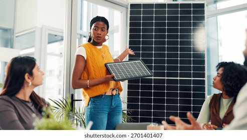 Development, proposal and solar panel with business woman in office for renewable energy initiative. Pitch, presentation and prototype with employee in workplace for photovoltaic power production