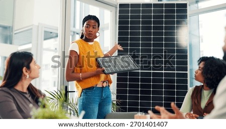 Development, proposal and solar panel with business woman in office for renewable energy initiative. Pitch, presentation and prototype with employee in workplace for photovoltaic power production