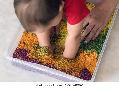 The Development Of Sensory Sensations In A Child. The Baby's Hands Are Immersed In A Plastic Box With Colorful Rice.