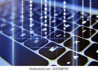 Development solutions and technology background concept with virtual glowing coding numbers on laptop keyboard backdrop. 3D rendering
