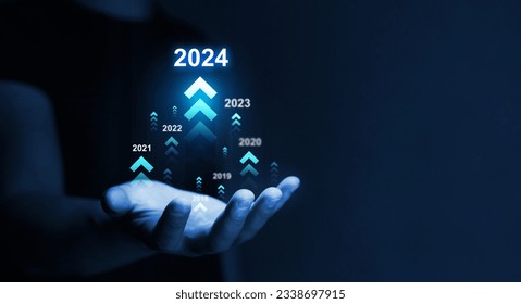  Development to success and motivation in 2024.Growth and development chart of company in new year 2024. Planning,opportunity, challenge and business strategy in new year 2024. - Shutterstock ID 2338697915