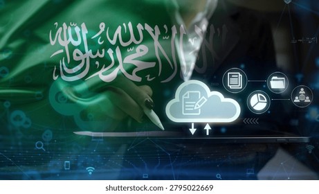 The development of technology and cloud computing solutions in Saudi Arabia, alongside global data connectivity, is illustrated through the national flag, cloud storage icons, and the surrounding digitized network infrastructure.