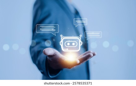 development which is smart robot conversation. communication is open for chat customers, chatbot digital technology, and bot artificial intelligence. concept of AI generates command prompt information