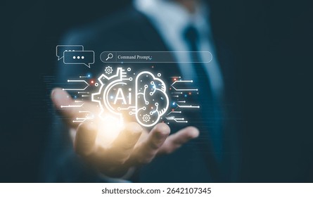 development which is smart robot conversation. communication is open for chat customers, chatbot digital technology, and bot artificial intelligence. concept of AI generates command prompt information
