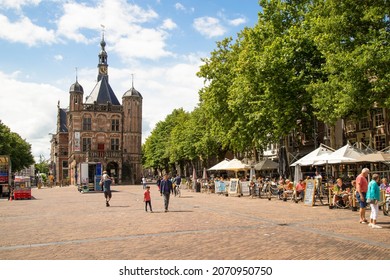 Deventer, The Netherlands, July 15, 2020; View of the central square with the 16th century Weighing House (Waaggebouw) on the Brink.