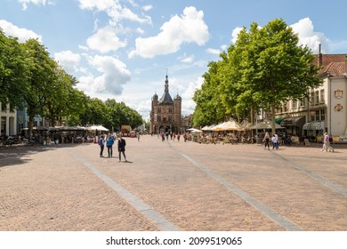 Deventer, The Netherlands, July 15, 2020; View of the central square with the 16th century Weighing House (Waaggebouw) on the Brink.